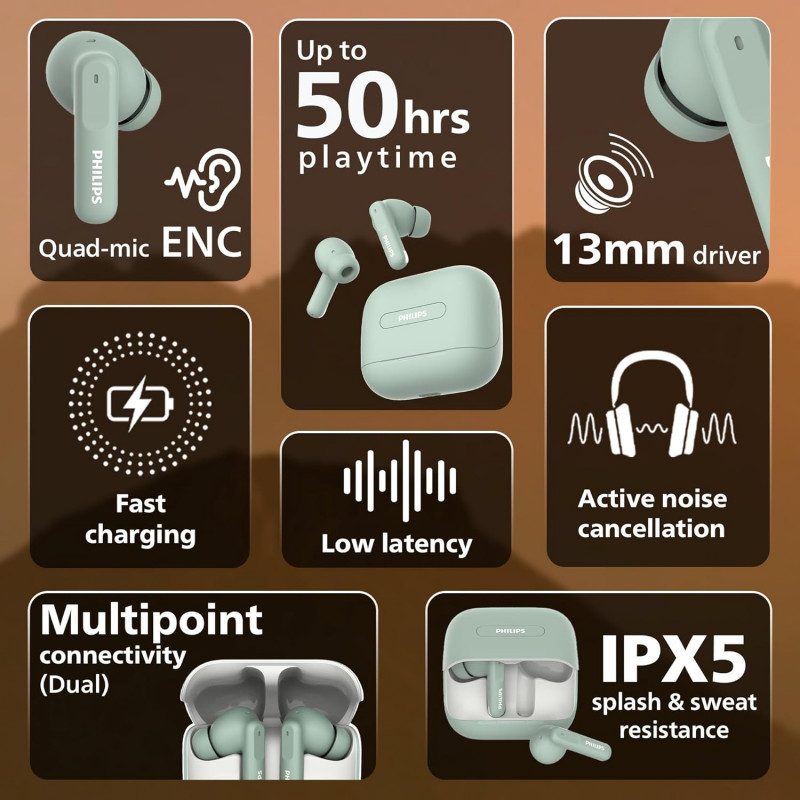 Philips Truly Wireless Earbuds with ANC | 13mm Neodymium Drivers | Ultra Low Latency | Frosty Green | TAT1050GN/94 Philips Truly Wireless Earbuds with ANC | 13mm Neodymium Drivers | Ultra Low Latency | Frosty Green | TAT1050GN/94