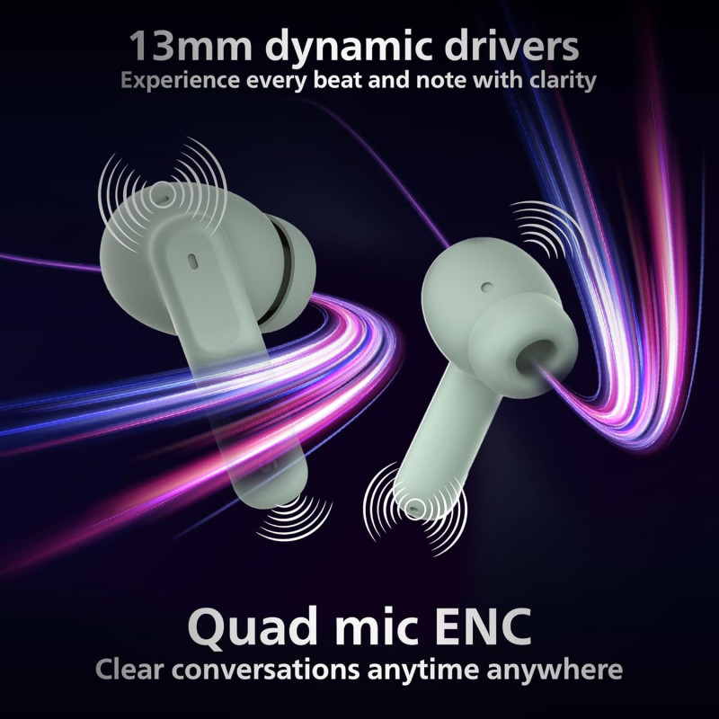 Philips Truly Wireless Earbuds with ANC | 13mm Neodymium Drivers | Ultra Low Latency | Frosty Green | TAT1050GN/94 Philips Truly Wireless Earbuds with ANC | 13mm Neodymium Drivers | Ultra Low Latency | Frosty Green | TAT1050GN/94