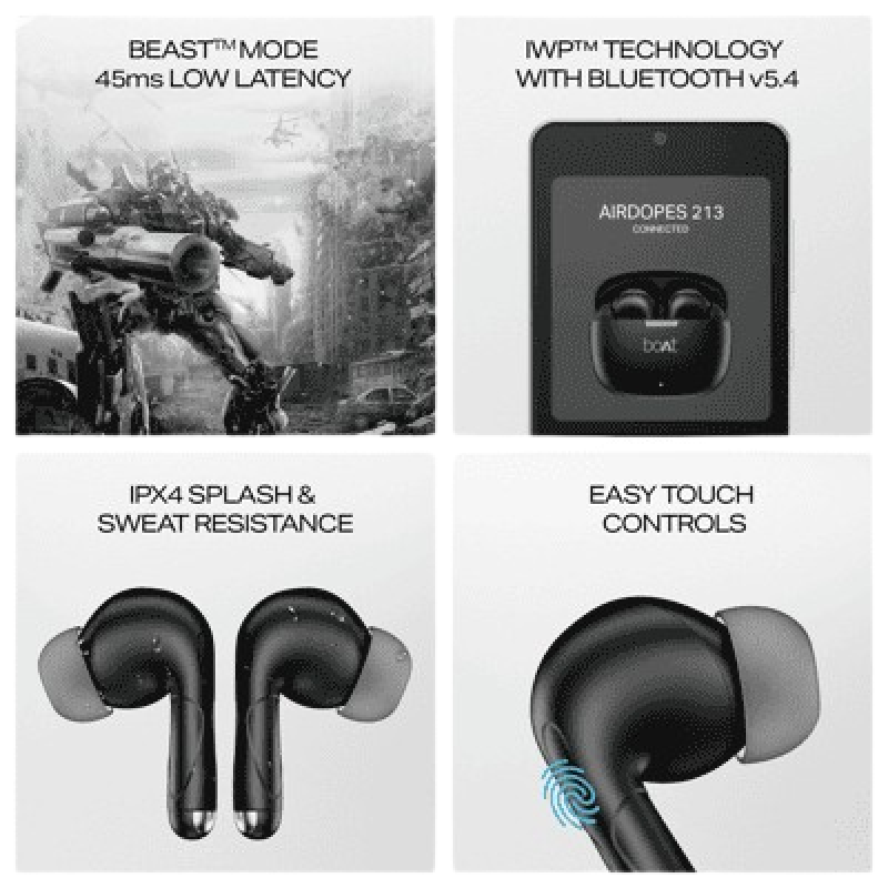 boAt Airdopes 213 Wireless Earbuds | with 50 Hours Playback | BEAST Mode & ENX Calling | Shadow Black