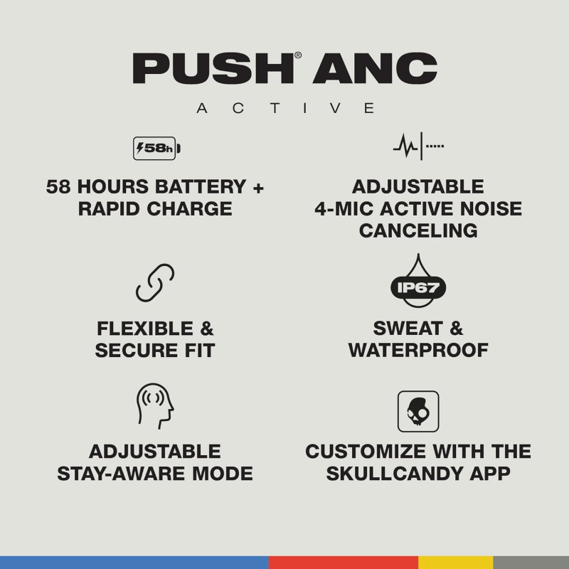 Skullcandy Push ANC Active Earbuds | Rapid Charge | Black Orange
