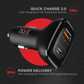 boAt Dual QC PD Port Rapid Car Charger | Type C Cable | Black