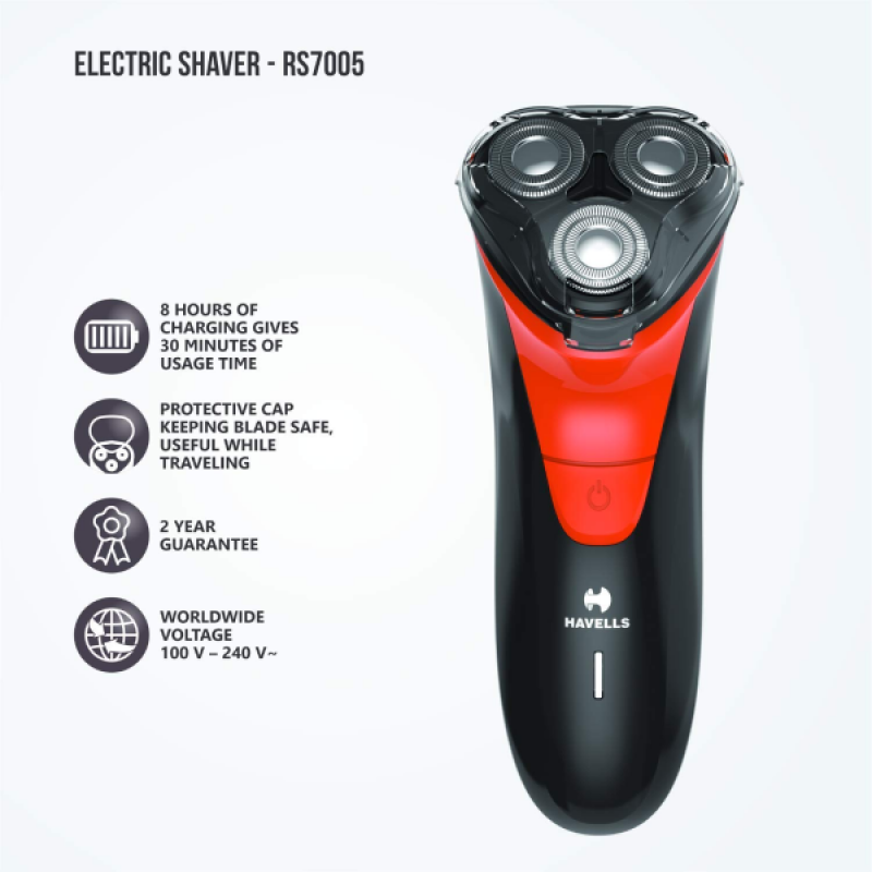 Havells RS7005-3 Head Rotary Shaver with Built in pop-up Trimmer for Wet and Dry Shave | Protection from cuts | Black Red Havells RS7005-3 Head Rotary Shaver with Built in pop-up Trimmer for Wet and Dry Shave | Protection from cuts | Black Red