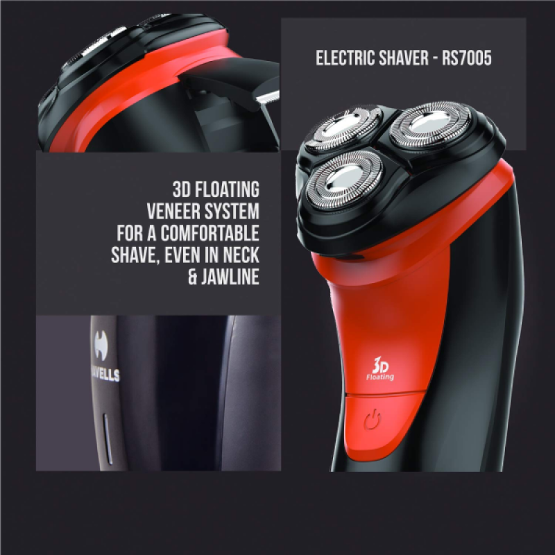 Havells RS7005-3 Head Rotary Shaver with Built in pop-up Trimmer for Wet and Dry Shave | Protection from cuts | Black Red Havells RS7005-3 Head Rotary Shaver with Built in pop-up Trimmer for Wet and Dry Shave | Protection from cuts | Black Red
