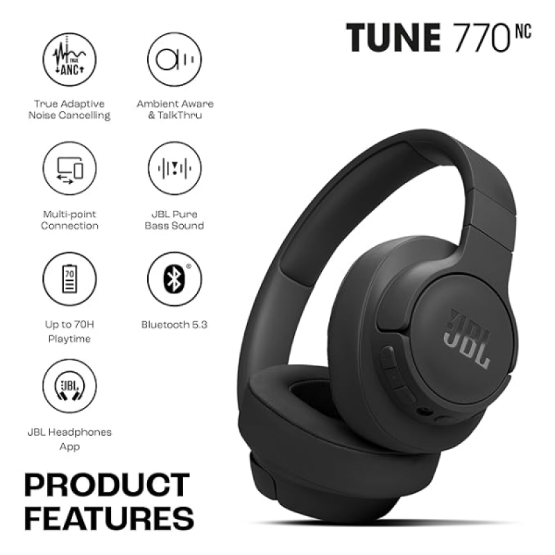 JBL Tune Wireless Over Ear ANC Headphones with Mic | Black | 770NC JBL Tune Wireless Over Ear ANC Headphones with Mic | Black | 770NC