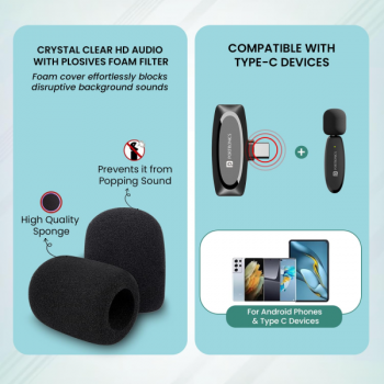 Portronics Dash 7 Omnidirectional Type C Wireless Microphone | Noise Cancellation | Lapel Wireless Mic for Video Recording | Supports Type C | Black | POR 2290