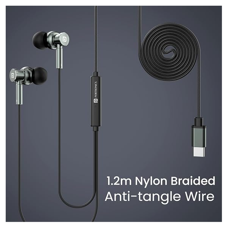 Portronics Conch Tune C in Ear Type C Wired Earphones with Mic | Grey Portronics Conch Tune C in Ear Type C Wired Earphones with Mic | Grey