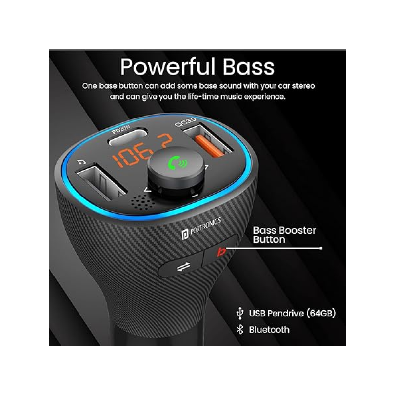 Portronics Auto 15 Bluetooth - FM Transmitter in-Car Radio Adapter for Hands-Free Calling | Black Portronics Auto 15 Bluetooth - FM Transmitter in-Car Radio Adapter for Hands-Free Calling | Black