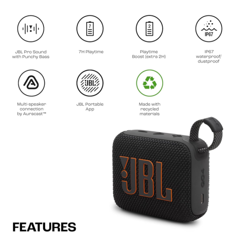 JBL Go 4 Wireless Ultra Portable Bluetooth Speaker | 4.2W | IP67 | Black | JBLGO4BLK JBL Go 4 Wireless Ultra Portable Bluetooth Speaker | 4.2W | IP67 | Black | JBLGO4BLK