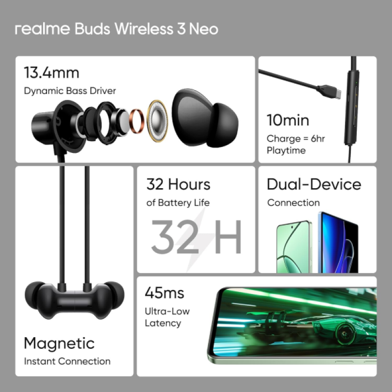 realme Buds Wireless 3 Neo Neck Band | 13.4mm Driver | 32 hrs Playback | Black | RMA2305 realme Buds Wireless 3 Neo Neck Band | 13.4mm Driver | 32 hrs Playback | Black | RMA2305