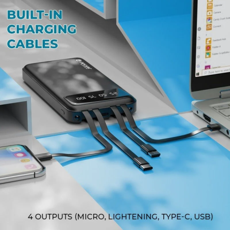 Lapcare MULT Li-Polymer Power Bank with inbuilt Cables | 10000Mah | LPB- 006