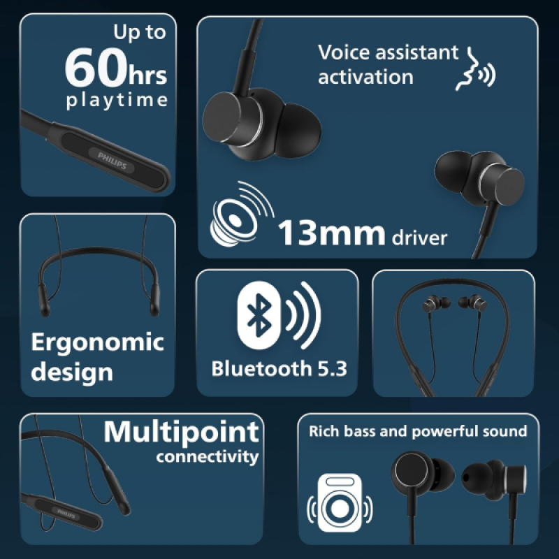 Philips Wireless In ear Neckband | 13mm | Deep Black | TAN1150BK/94 Philips Wireless In ear Neckband | 13mm | Deep Black | TAN1150BK/94