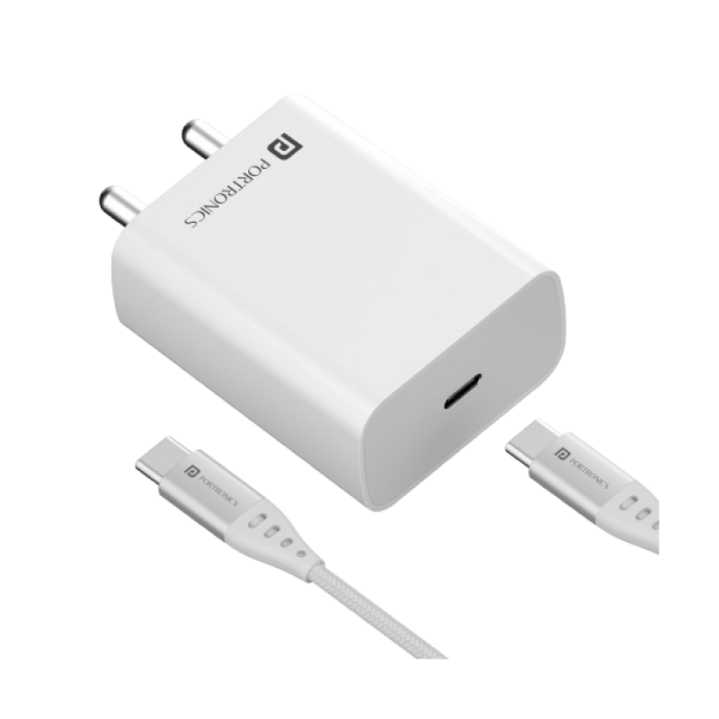 Portronics Adapto 25 Pro Type C Wall Charger | 25W | Type C to Type C Fast Charging Cable | White | POR 1964 Portronics Adapto 25 Pro Type C Wall Charger | 25W | Type C to Type C Fast Charging Cable | White | POR 1964
