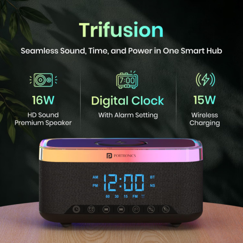Portronics Trifusion HD Sound Bluetooth Speaker | 16W | 15W Wireless Charging | Black | POR 2333 Portronics Trifusion HD Sound Bluetooth Speaker | 16W | 15W Wireless Charging | Black | POR 2333