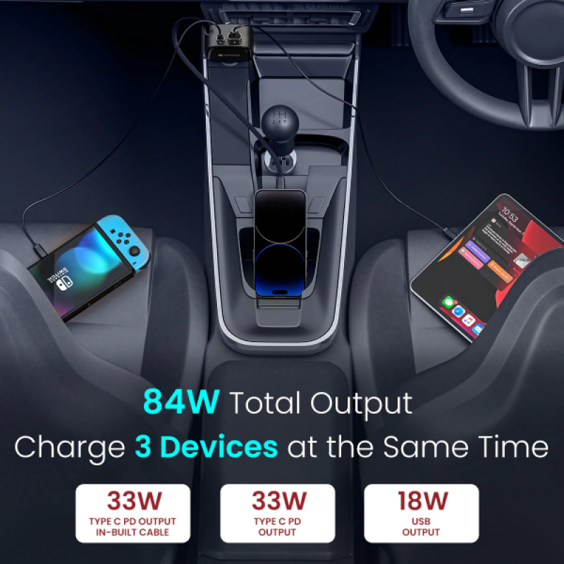 Portronics Car Power Retracto Car Charger | 84W | Black Portronics Car Power Retracto Car Charger | 84W | Black