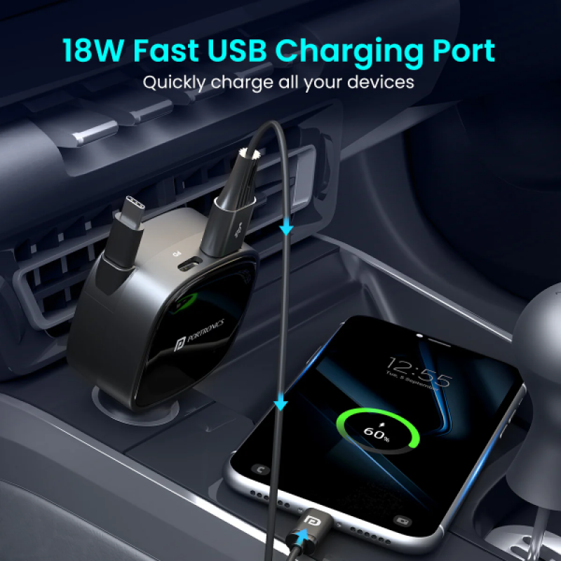 Portronics Car Power Retracto Car Charger | 84W | Black Portronics Car Power Retracto Car Charger | 84W | Black