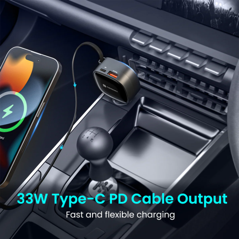 Portronics Car Power Retracto Car Charger | 84W | Black Portronics Car Power Retracto Car Charger | 84W | Black