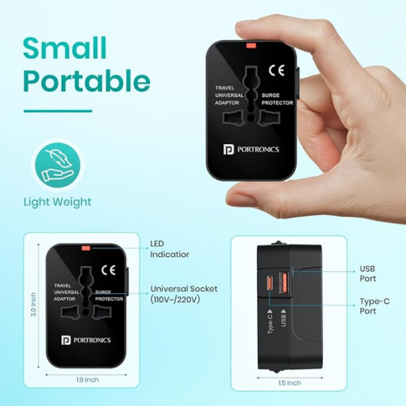 Portronics Juicemate Universal Travel Adapter | 20W Type C PD Output | 18W Portronics Juicemate Universal Travel Adapter | 20W Type C PD Output | 18W