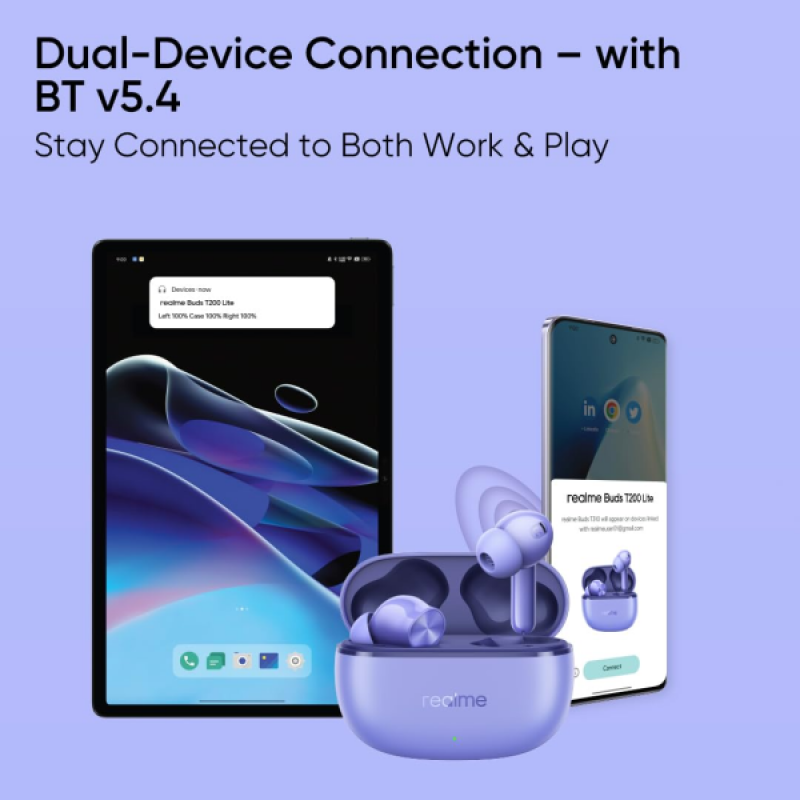 realme Buds T200 Lite Earbuds | 4 Mic AI ENC for Calls 4 | Ultra Low Latency Gaming | Aurora Purple realme Buds T200 Lite Earbuds | 4 Mic AI ENC for Calls 4 | Ultra Low Latency Gaming | Aurora Purple