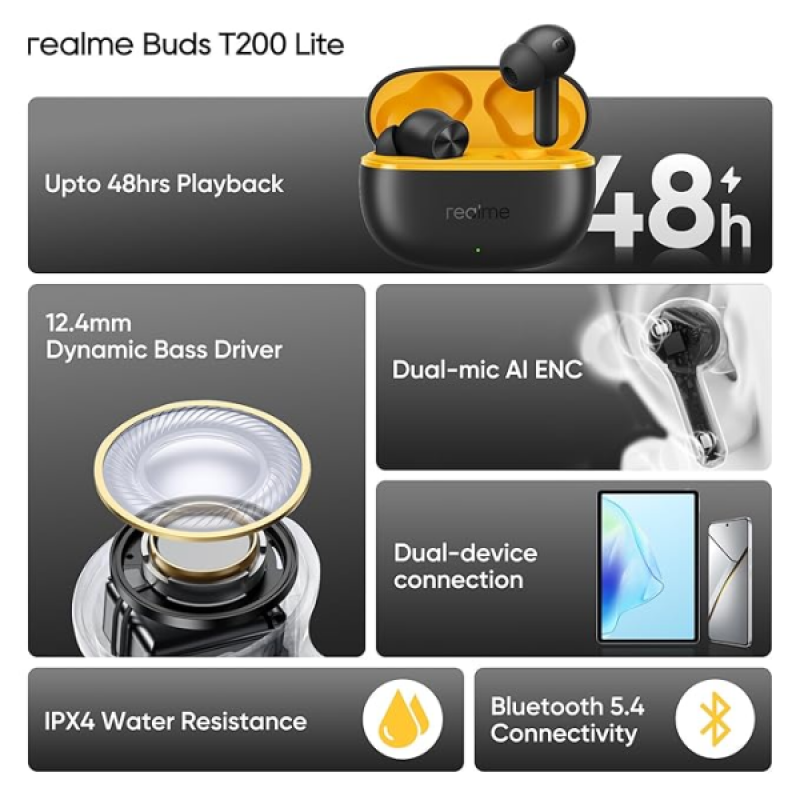 realme Buds T200 Lite Bluetooth in Ear Earbuds | 4 Mic | Google Fast Pair | Volt Black realme Buds T200 Lite Bluetooth in Ear Earbuds | 4 Mic | Google Fast Pair | Volt Black