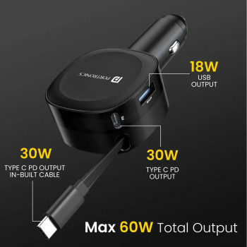 Portronics Car Power Flexo | 60W | 18W USB Type A | 30W Type C | 30W Retractable Type C Cable | POR 1877