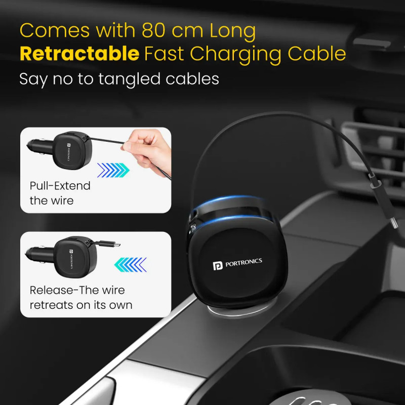 Portronics Car Power Flexo | 60W | 18W USB Type A | 30W Type C | 30W Retractable Type C Cable | POR 1877 Portronics Car Power Flexo | 60W | 18W USB Type A | 30W Type C | 30W Retractable Type C Cable | POR 1877