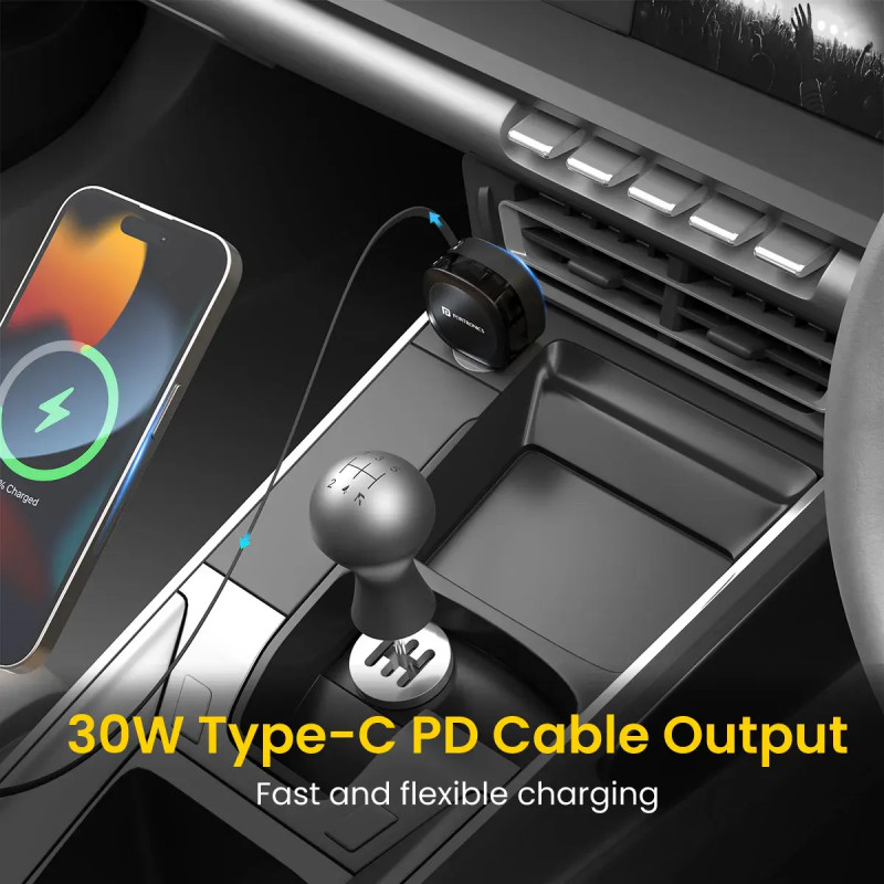Portronics Car Power Flexo | 60W | 18W USB Type A | 30W Type C | 30W Retractable Type C Cable | POR 1877 Portronics Car Power Flexo | 60W | 18W USB Type A | 30W Type C | 30W Retractable Type C Cable | POR 1877