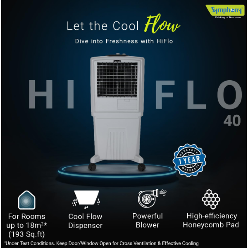 Symphony HiFlo 40 Personal Air Cooler | 40L | Light Grey Symphony HiFlo 40 Personal Air Cooler | 40L | Light Grey
