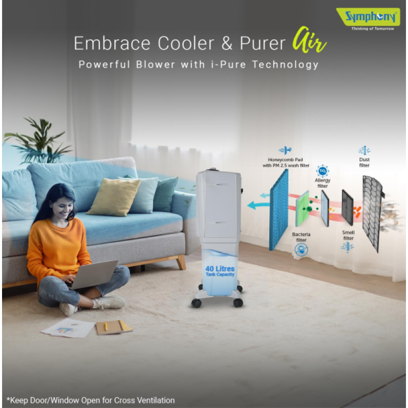 Symphony HiFlo 40 Personal Air Cooler | 40L | Light Grey Symphony HiFlo 40 Personal Air Cooler | 40L | Light Grey