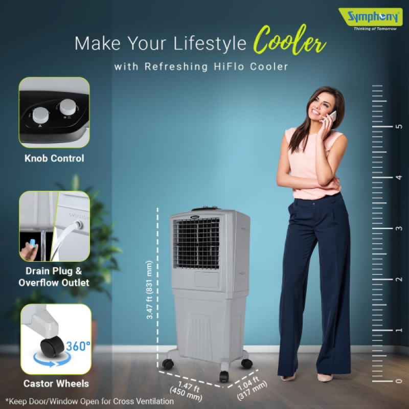 Symphony HiFlo 40 Personal Air Cooler | 40L | Light Grey Symphony HiFlo 40 Personal Air Cooler | 40L | Light Grey