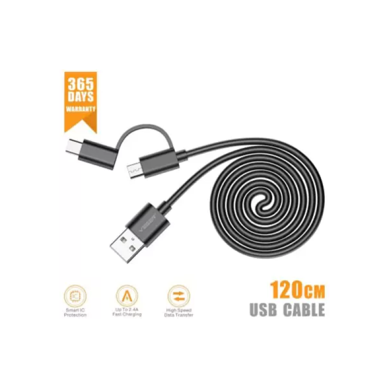 Veger 2 IN 1 USB Type C Cable | Black | VG12X Veger 2 IN 1 USB Type C Cable | Black | VG12X