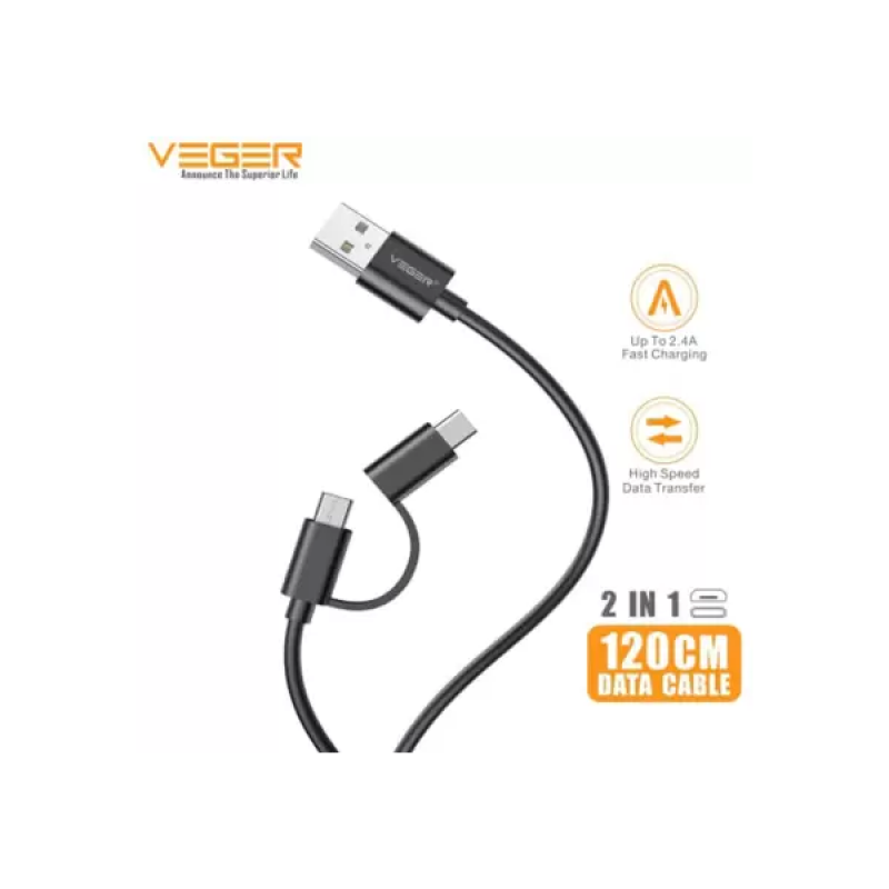Veger 2 IN 1 USB Type C Cable | Black | VG12X Veger 2 IN 1 USB Type C Cable | Black | VG12X