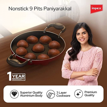 Impex Premium Non Stick Paniyarakkallu Unniyappa Chatty | 9 Pits | Red Impex Premium Non Stick Paniyarakkallu Unniyappa Chatty | 9 Pits | Red