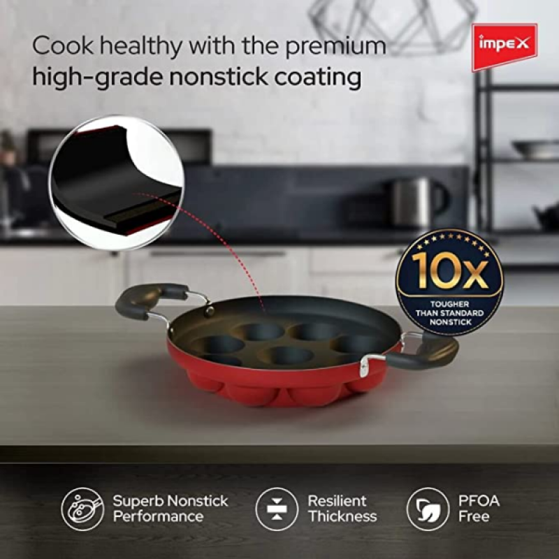 Impex Premium Non Stick Paniyarakkallu Unniyappa Chatty | 9 Pits | Red Impex Premium Non Stick Paniyarakkallu Unniyappa Chatty | 9 Pits | Red