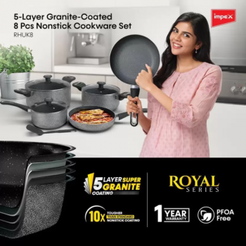 Impex Royal Granite 8 Pcs Non Stick Coated Cookware Set | 4 Piece | Aluminium Impex Royal Granite 8 Pcs Non Stick Coated Cookware Set | 4 Piece | Aluminium