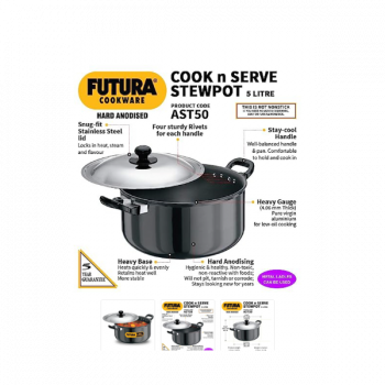 Hawkins Hard Anodised Cook-n-Serve Stewpot with stainless steel lid | 5 L | AST50 Hawkins Hard Anodised Cook-n-Serve Stewpot with stainless steel lid | 5 L | AST50