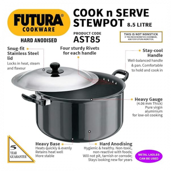 Hawkins Futura Hard Anodised Cook-n-Serve Stewpot | Hard Anodised Lid | 8.5 L | 28 cm | Black