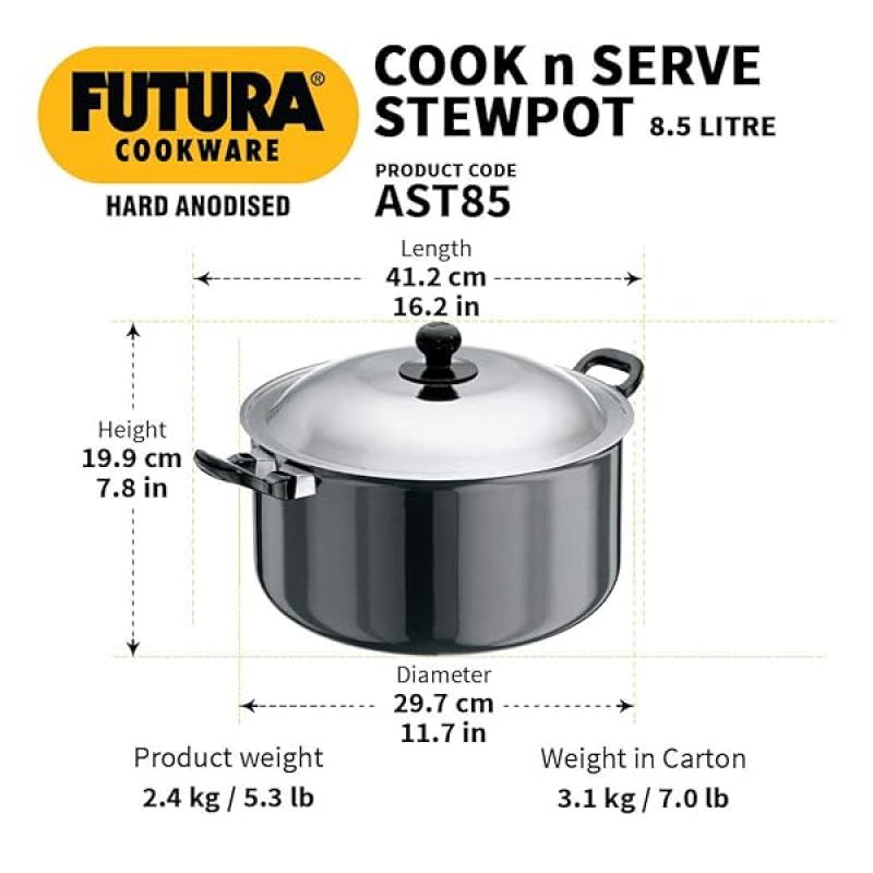 Hawkins Futura Hard Anodised Cook-n-Serve Stewpot | Hard Anodised Lid | 8.5 L | 28 cm | Black Hawkins Futura Hard Anodised Cook-n-Serve Stewpot | Hard Anodised Lid | 8.5 L | 28 cm | Black