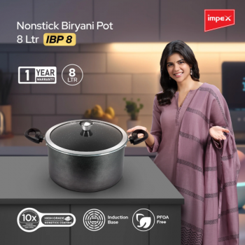 Impex Biryani Pot With RIB | 8 L | Non-Stick, Induction | Aluminium with Granite Coating | IBP8