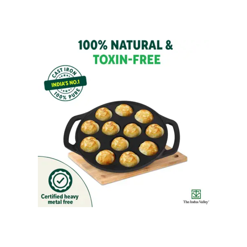 The Indus Valley Pre-Seasoned Cast Iron Paniyaram Pan | 12 Pit The Indus Valley Pre-Seasoned Cast Iron Paniyaram Pan | 12 Pit