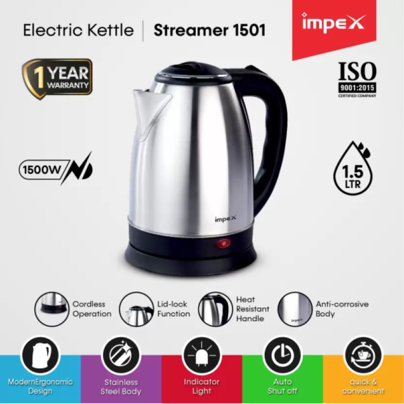 Impex STEAMER Stainless Steel Electric Kettle | 1.5 L | 1500 Watts | Silver | 1501 Impex STEAMER Stainless Steel Electric Kettle | 1.5 L | 1500 Watts | Silver | 1501