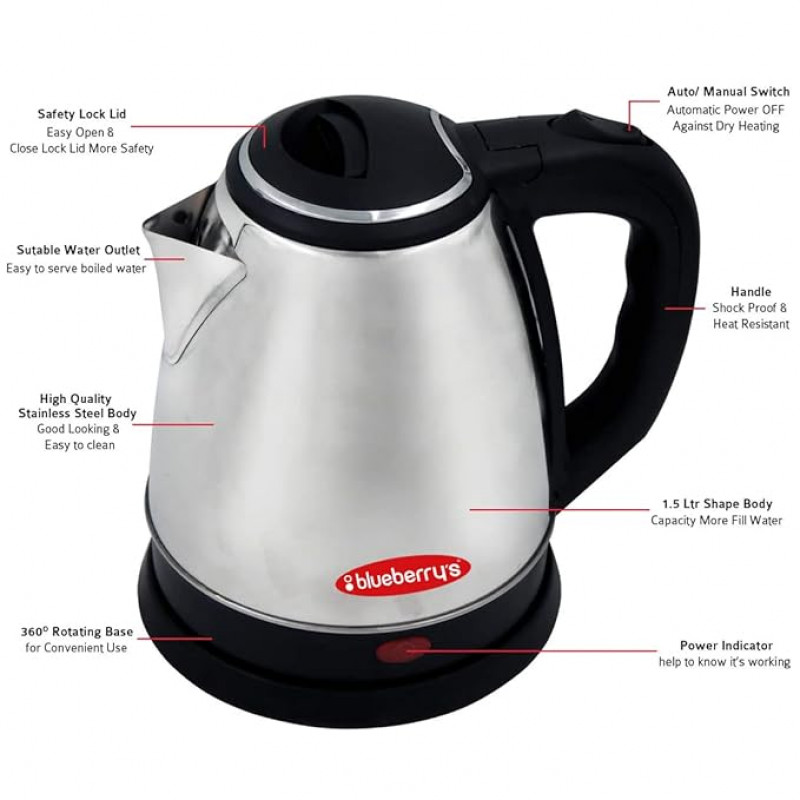 Blueberrys Premium 2023 Special 1.8 Liter 1500 Watt Stainless Steel Electric Kettle Blueberrys Premium 2023 Special 1.8 Liter 1500 Watt Stainless Steel Electric Kettle