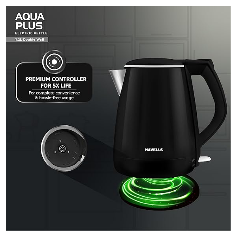 HAVELLS Aqua Plus | 1250 Watt | 1.2 Litre | Electric Kettle Cool Touch Outer Body | Black HAVELLS Aqua Plus | 1250 Watt | 1.2 Litre | Electric Kettle Cool Touch Outer Body | Black