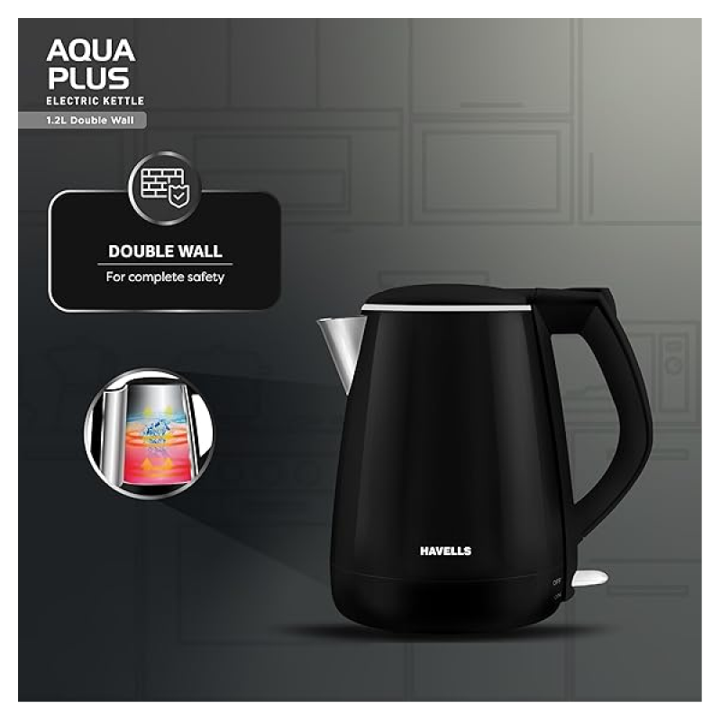 HAVELLS Aqua Plus | 1250 Watt | 1.2 Litre | Electric Kettle Cool Touch Outer Body | Black HAVELLS Aqua Plus | 1250 Watt | 1.2 Litre | Electric Kettle Cool Touch Outer Body | Black