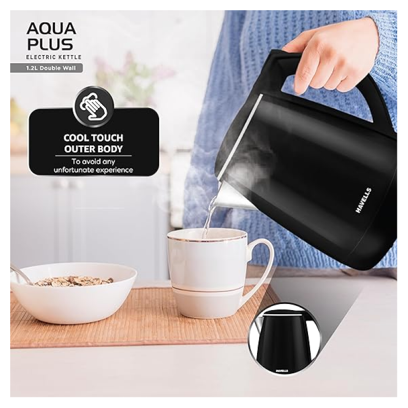 HAVELLS Aqua Plus | 1250 Watt | 1.2 Litre | Electric Kettle Cool Touch Outer Body | Black HAVELLS Aqua Plus | 1250 Watt | 1.2 Litre | Electric Kettle Cool Touch Outer Body | Black
