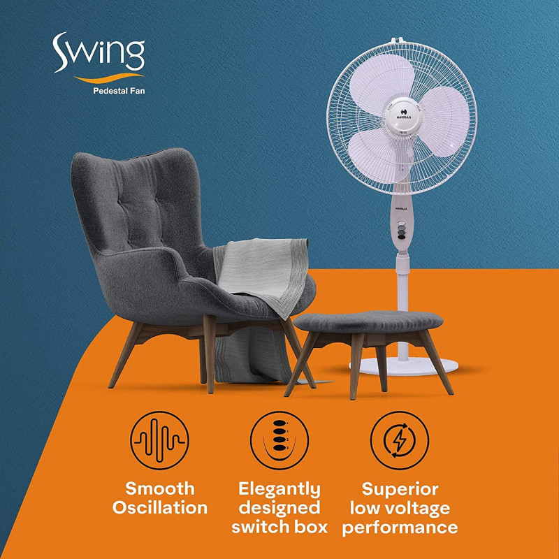 HAVELLS Swing Pedestal Fan | 400 mm | 3 Blade | White HAVELLS Swing Pedestal Fan | 400 mm | 3 Blade | White