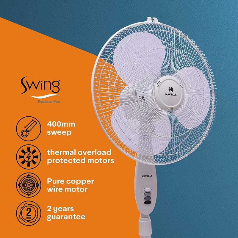 HAVELLS Swing Pedestal Fan | 400 mm | 3 Blade | White HAVELLS Swing Pedestal Fan | 400 mm | 3 Blade | White