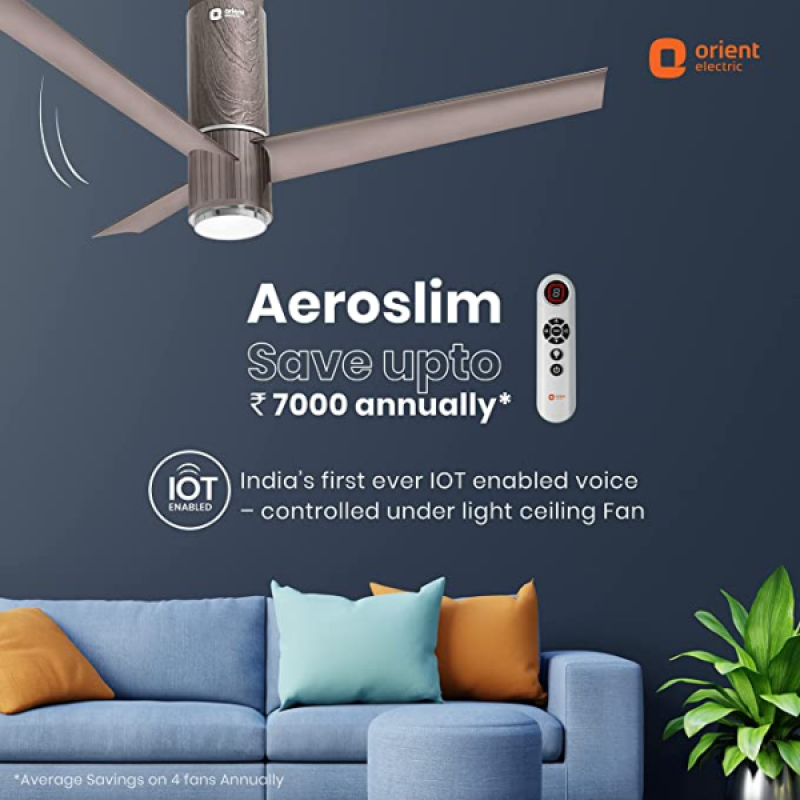 Orient Electric Aeroslim BLDC motor Smart Ceiling Fan with IOT | 1200mm | Remote & Under light | Champagne Brown Orient Electric Aeroslim BLDC motor Smart Ceiling Fan with IOT | 1200mm | Remote & Under light | Champagne Brown