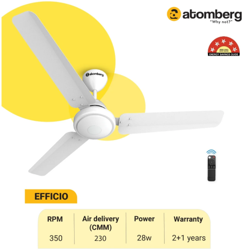 Atomberg Efficio Ceiling Fan | 1200 mm | 5 Star | BLDC Ceiling Fan with Remote Control | 3 Blade | White Atomberg Efficio Ceiling Fan | 1200 mm | 5 Star | BLDC Ceiling Fan with Remote Control | 3 Blade | White