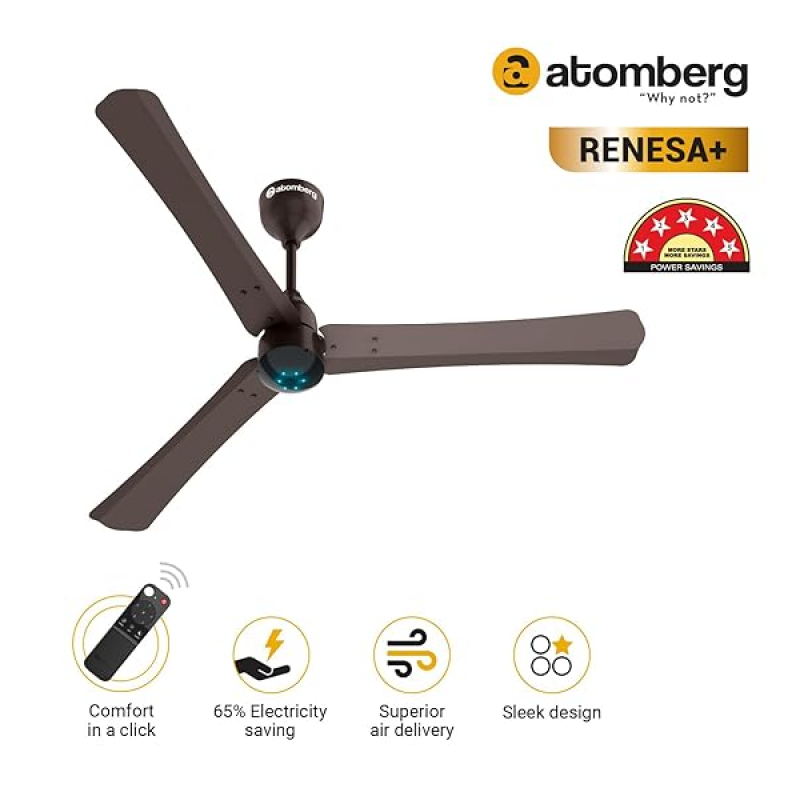 Atomberg Renesa + Ceiling Fan | 1200 mm | BLDC Ceiling Fan with Remote Control & LED Indicators | Earth Brown Atomberg Renesa + Ceiling Fan | 1200 mm | BLDC Ceiling Fan with Remote Control & LED Indicators | Earth Brown