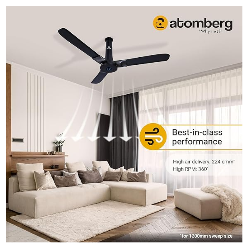 atomberg Studio+BLDC Ceiling Fan | 1200mm | Remote Control | Midnight Black Matt atomberg Studio+BLDC Ceiling Fan | 1200mm | Remote Control | Midnight Black Matt